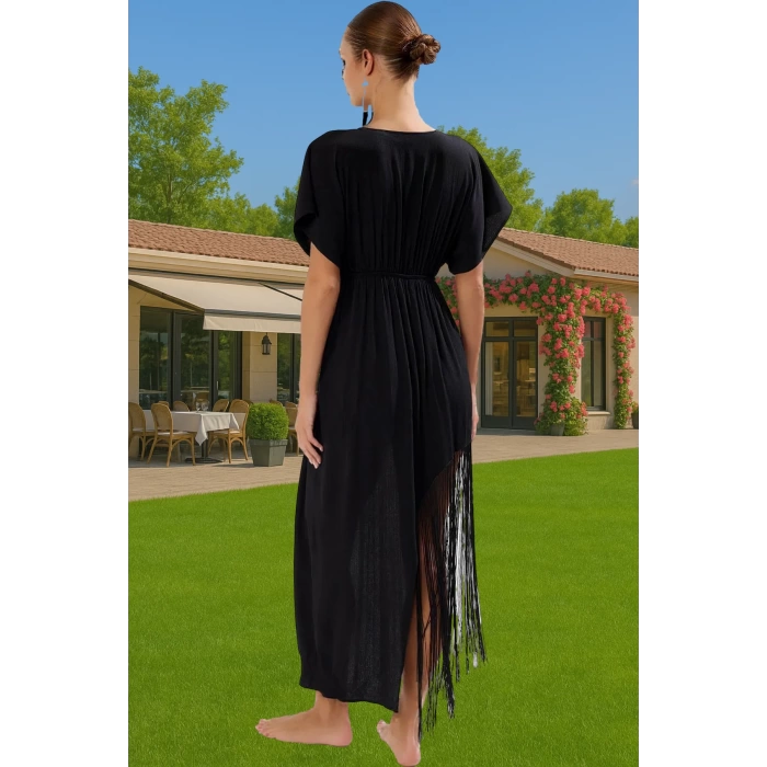 Yazlık Şık Püsküllü Midi Elbise Pamuklu Viskoz Kumaş Plaj ve Günlük Modern Stil Seçkin Malzeme