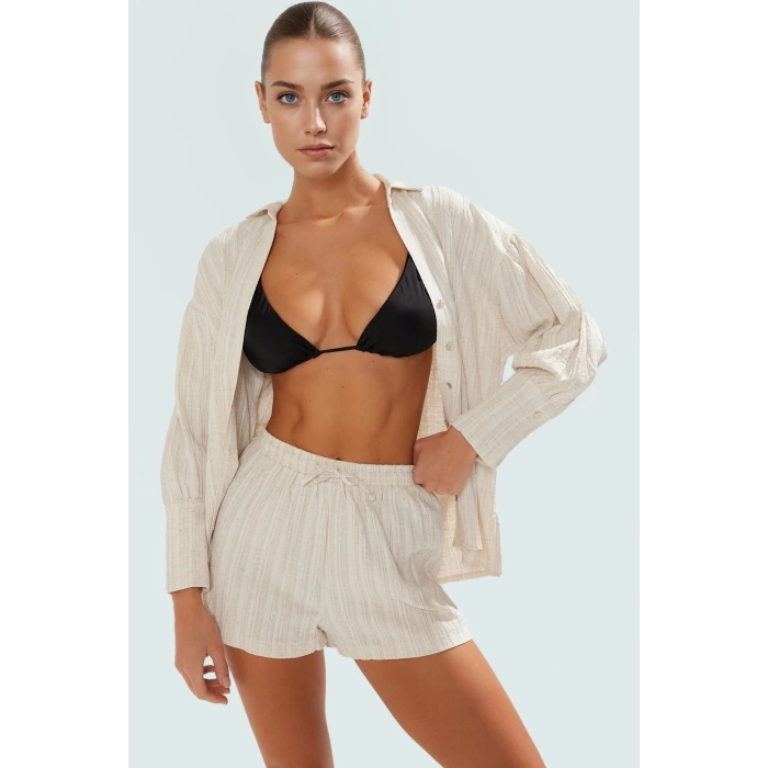 Yazlık Şıklık Pamuk Polyester Keten Karışımlı Uzun Kollu Gömlek Şort Takım Mükemmel Uyum