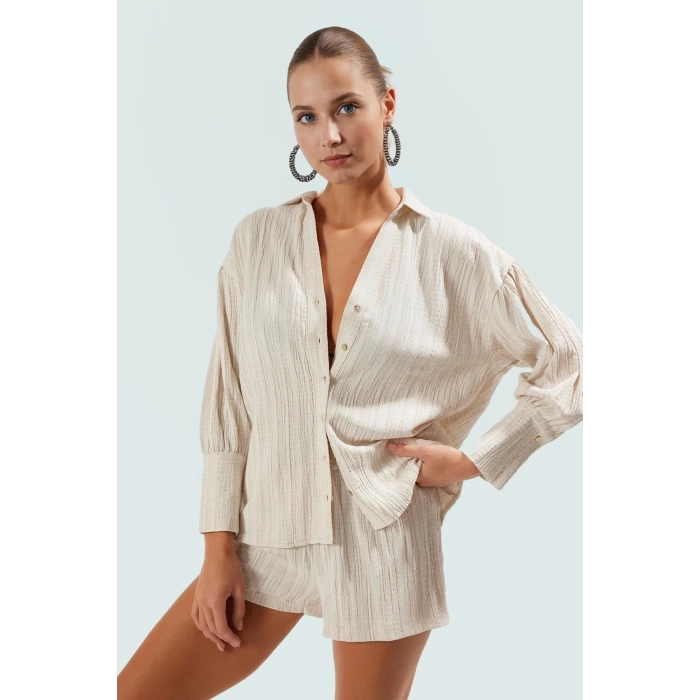 Yazlık Şıklık Pamuk Polyester Keten Karışımlı Uzun Kollu Gömlek Şort Takım Mükemmel Uyum