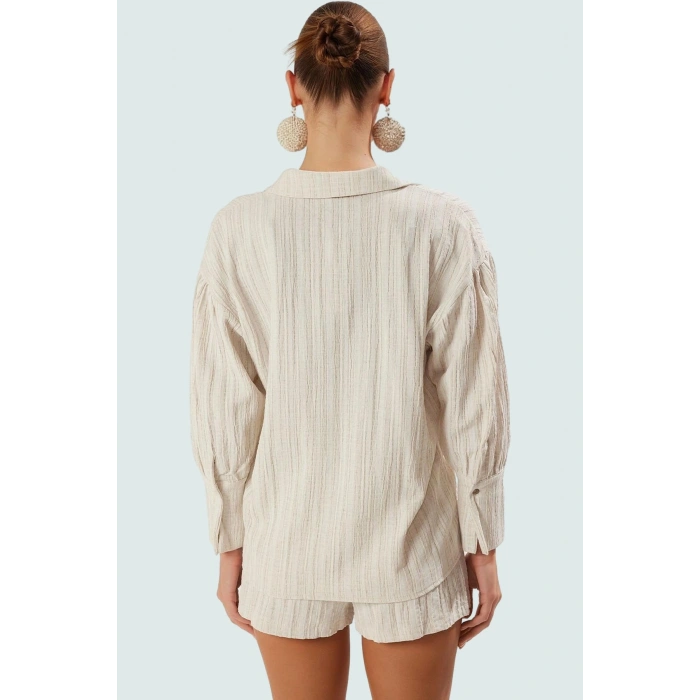 Yazlık Şıklık Pamuk Polyester Keten Karışımlı Uzun Kollu Gömlek Şort Takım Mükemmel Uyum