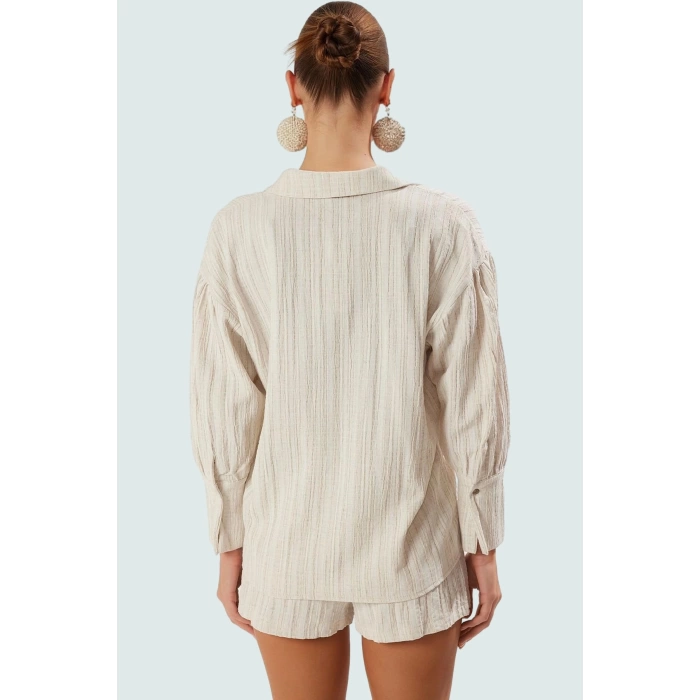 Yazlık Şıklık Pamuk Polyester Keten Karışımlı Uzun Kollu Gömlek Şort Takım Mükemmel Uyum