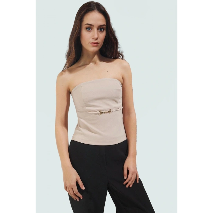 Yazlık Straplez Bluz Regular Kalıp Finike Dokuma Şık Kemer Detayı Konforlu Kesim