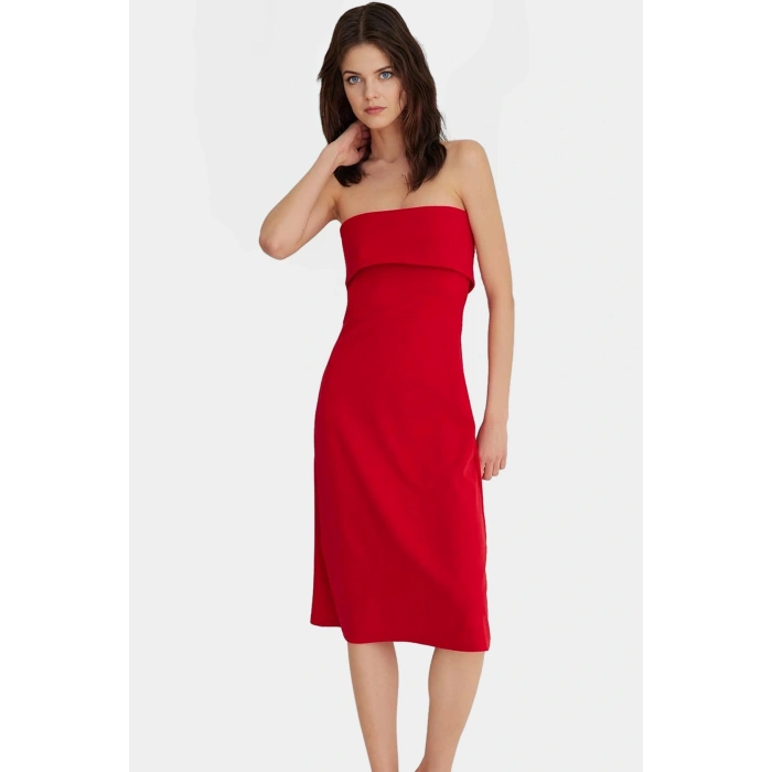 Yazlık Straplez Elbise Midi Boy A line Kesim Polyester Elastan Zarifane Tasarım