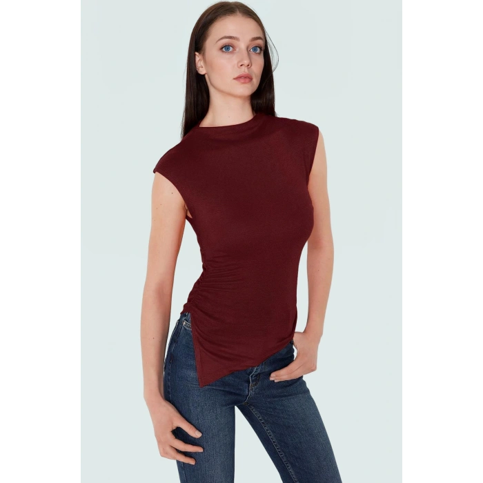 Yazlık Viskoz Örme Bluz Dik Yaka Fitted Asimetrik Büzgü Detaylı Günlük Kullanım İçin