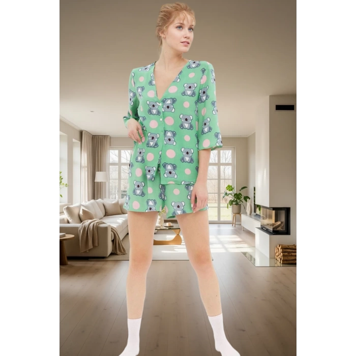 Yazlık Viskoz Pijama Takımı Koala Desenli Shally Dokuma Rahat Kalıp Premium Kalite Uzun Ömürlü