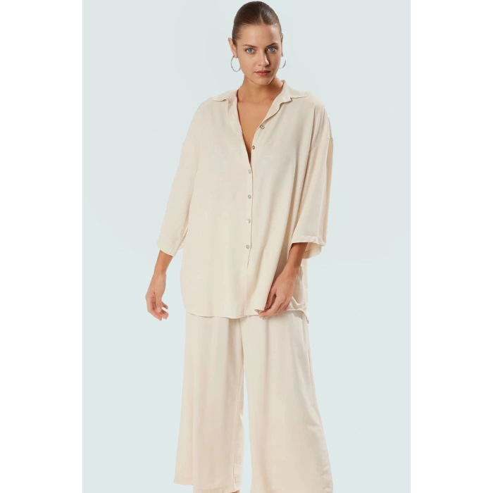 Yazlık Viskoz Polyester Dokuma Uzun Gömlek Pantolon Takım Rahat Plaj Stili Şık Görünüm