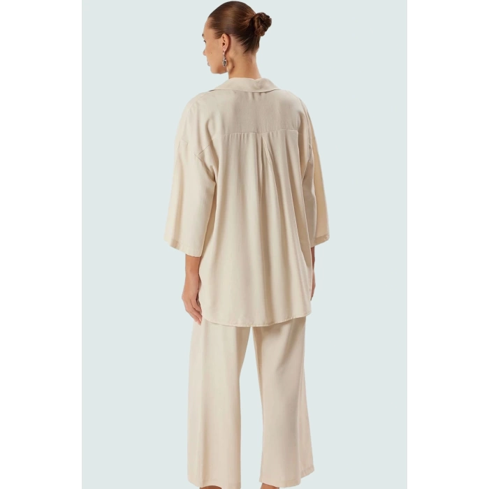 Yazlık Viskoz Polyester Dokuma Uzun Gömlek Pantolon Takım Rahat Plaj Stili Şık Görünüm