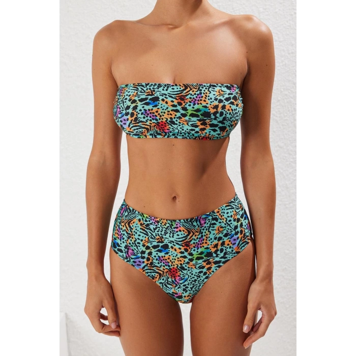 New Leopard Strapless High Waist Hipster Patterned Strapless High Waist Hipster Bikini Set