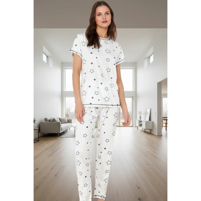 Yıldız Desenli Örme Pijama Takımı Regular Kalıp 2li Günlük Kullanım İçin