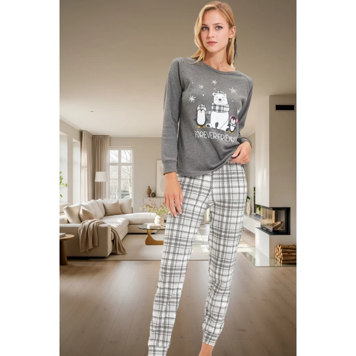 Yumoş Örme Pijama Takımı; Ayıcık Penguen Baskı Ekose Kışlık Rahat Yüksek Kalite