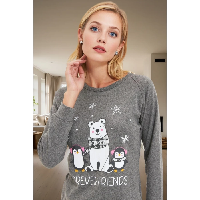 Yumoş Örme Pijama Takımı; Ayıcık Penguen Baskı Ekose Kışlık Rahat Yüksek Kalite