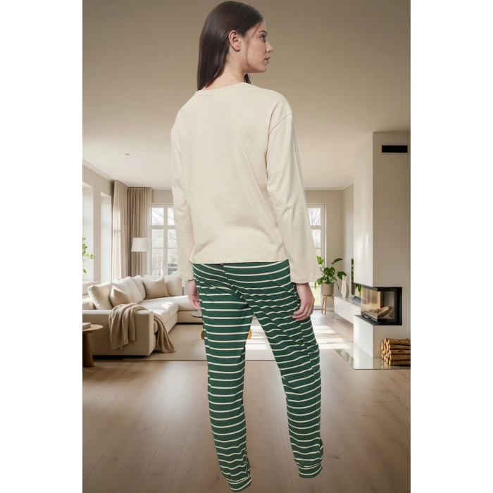Yumuşak Pamuklu Kadın Pijama Takımı Çizgili Yılbaşı Temalı Boru Paça Modern Stil Uzun Ömürlü
