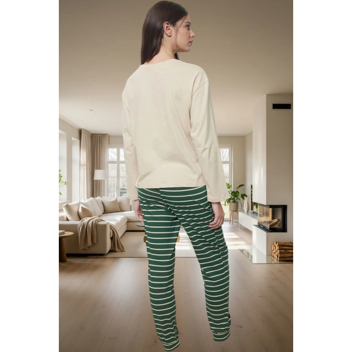 Yumuşak Pamuklu Kadın Pijama Takımı Çizgili Yılbaşı Temalı Boru Paça Modern Stil Uzun Ömürlü