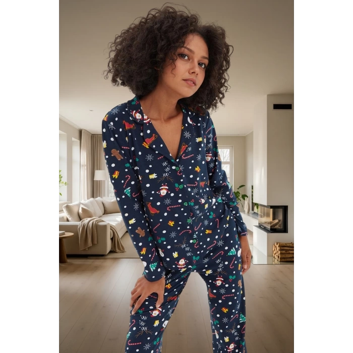 Yumuşak Pamuklu Kış Pijama Takımı Noel Baskılarıyla Sıcaklık ve Konfor Dayanıklı Malzeme