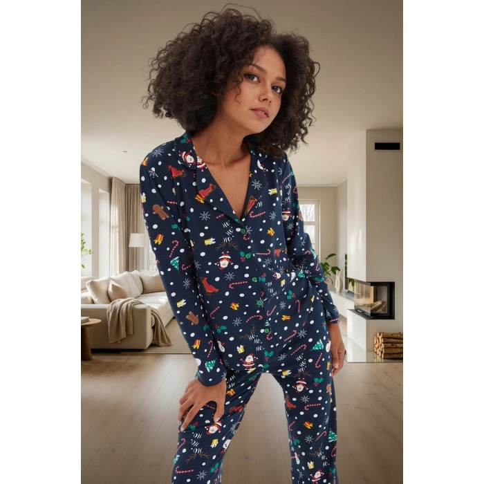 Yumuşak Pamuklu Kış Pijama Takımı Noel Baskılarıyla Sıcaklık ve Konfor Dayanıklı Malzeme