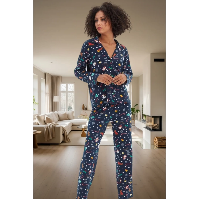 Yumuşak Pamuklu Kış Pijama Takımı Noel Baskılarıyla Sıcaklık ve Konfor Dayanıklı Malzeme
