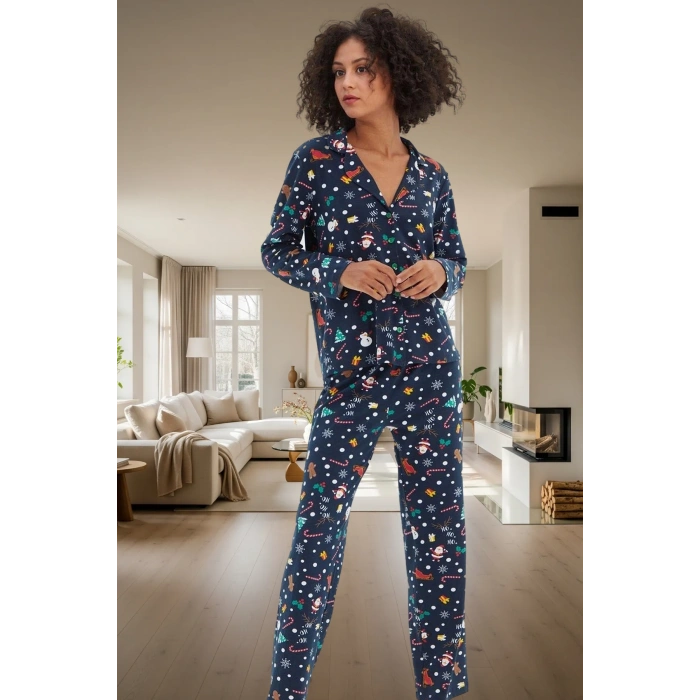 Yumuşak Pamuklu Kış Pijama Takımı Noel Baskılarıyla Sıcaklık ve Konfor Dayanıklı Malzeme