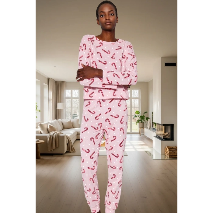 Yumuşak Pamuklu Örme Pijama Yılbaşı Temalı 2li Set Uzun Paça Modern Stil Günlük Kullanım İçin