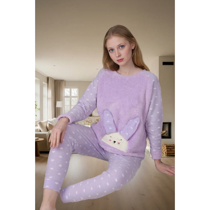 Yumuşak Polar Kumaşlı 3lü Pijama Takımı Kalpli Desenli Kışlık Set Trend Tasarım