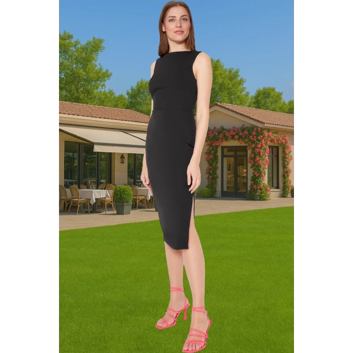 Zarif Düz Desenli Bodycon Midi Abiye Elbise Polyester Elastan Karışımı Konforlu Kesim Trend Tasarım