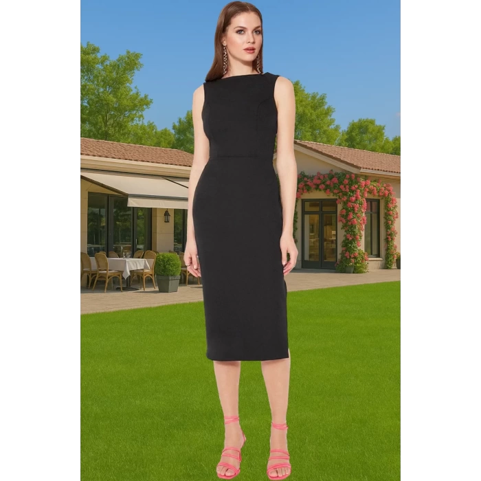Zarif Düz Desenli Bodycon Midi Abiye Elbise Polyester Elastan Karışımı Konforlu Kesim Trend Tasarım
