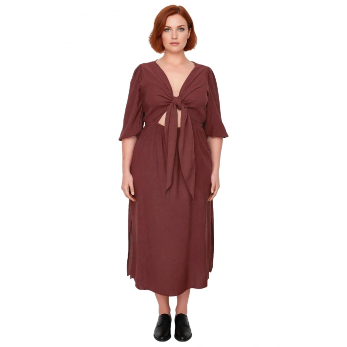 Zarif Kadın A Line Kesim Midi Elbise Truvakar Kol Detaylı V Yaka Dokuma Bahar Kombini Kaliteli