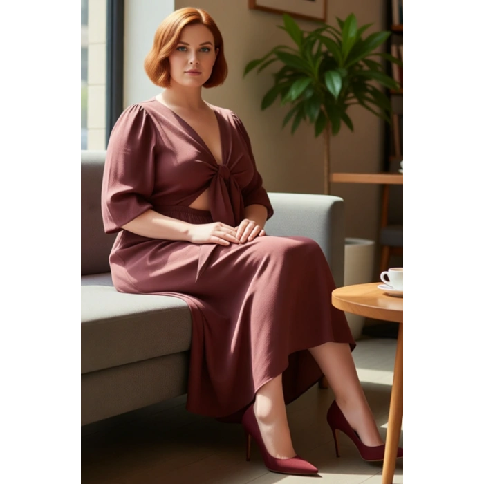 Zarif Kadın A Line Kesim Midi Elbise Truvakar Kol Detaylı V Yaka Dokuma Bahar Kombini Kaliteli