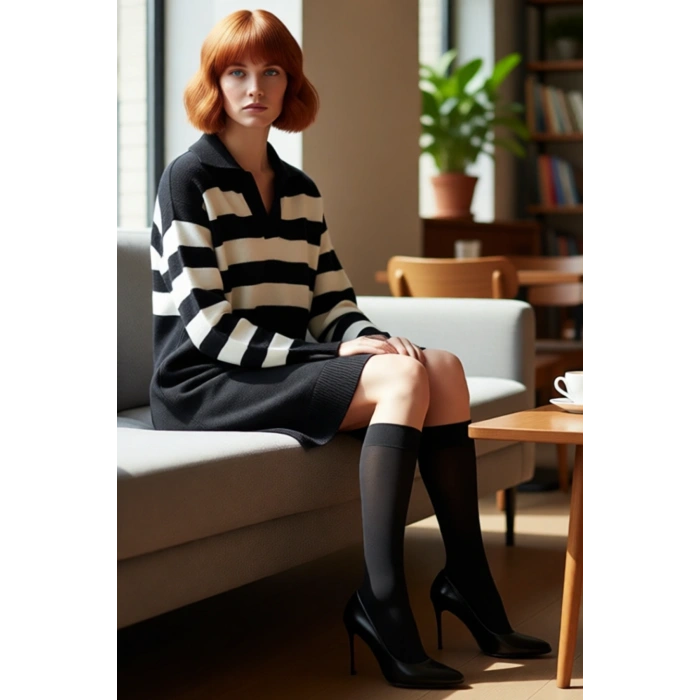 Zarif Kadın Akrilik Triko Çizgili Polo Yaka Uzun Kollu Mini Shift Elbise Günlük Konfor Sunar