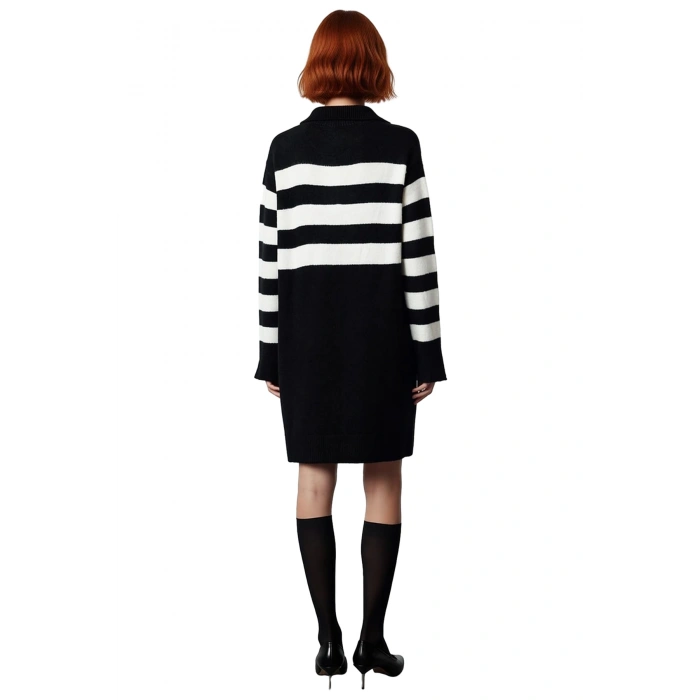 Zarif Kadın Akrilik Triko Çizgili Polo Yaka Uzun Kollu Mini Shift Elbise Günlük Konfor Sunar