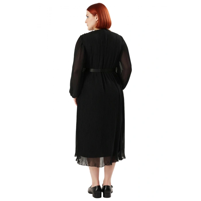 Zarif Kadın Büyük Beden Piliseli Şifon Kruvaze Midi Elbise Uzun Kollu Kemerli Kombin Kaliteli