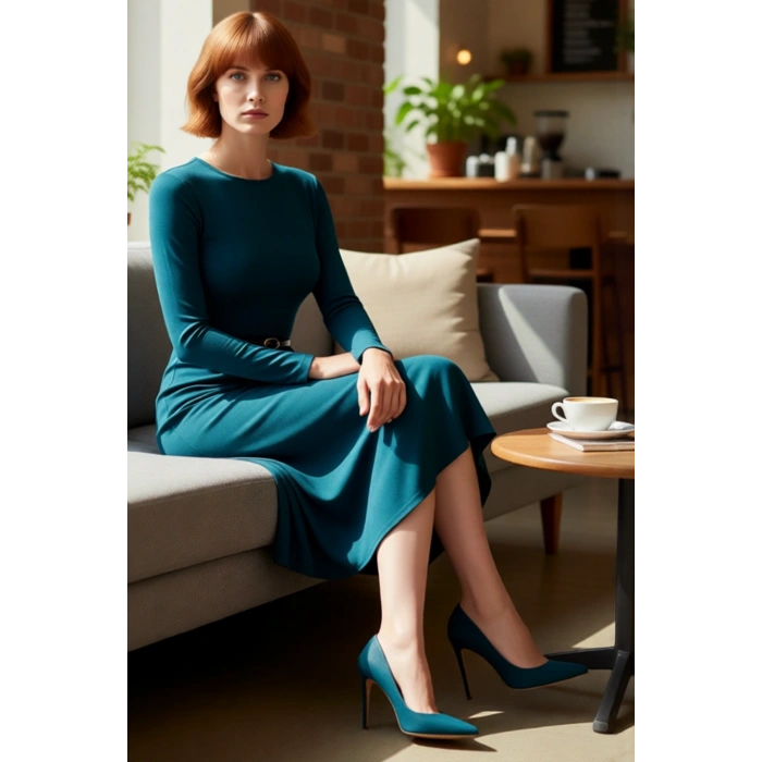 Zarif Kadın Maxi Boy A Line Kemerli Standart Kollu Düz Örme Elbise Gündüz Ve Gece Şıklığı Kaliteli