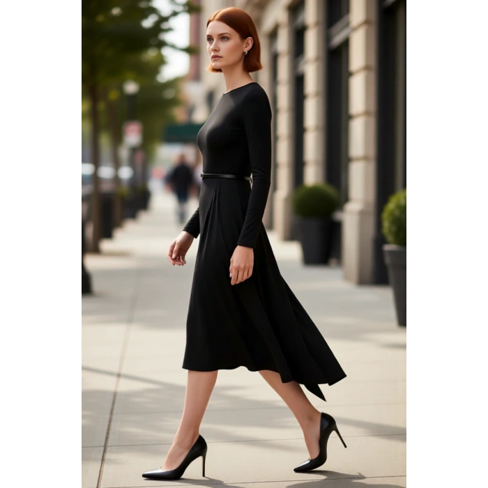 Zarif Kadın Maxi Boy A Line Kemerli Standart Kollu Düz Örme Elbise Gündüz Ve Gece Şıklığı Kaliteli