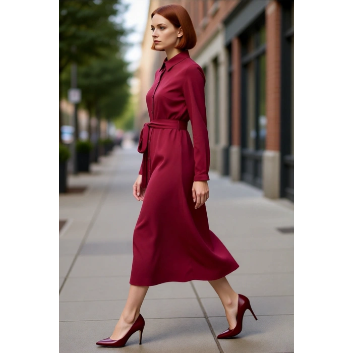 Zarif Kadın Midi Kuşaklı Gömlek Elbise Düz Bordo Viskoz Kumaşı İle Günlük Stilin Tamamlayıcısı