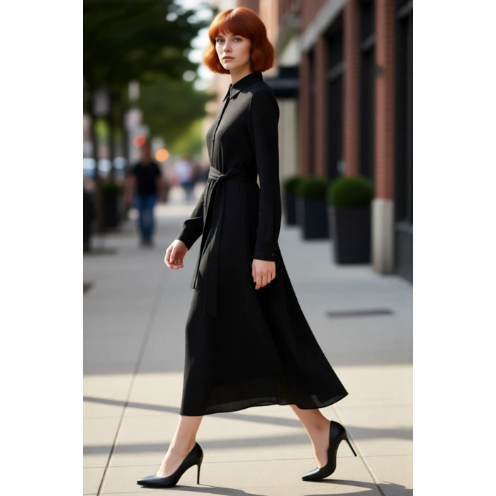 Zarif Kadın Midi Kuşaklı Gömlek Elbise Düz Bordo Viskoz Kumaşı İle Günlük Stilin Tamamlayıcısı