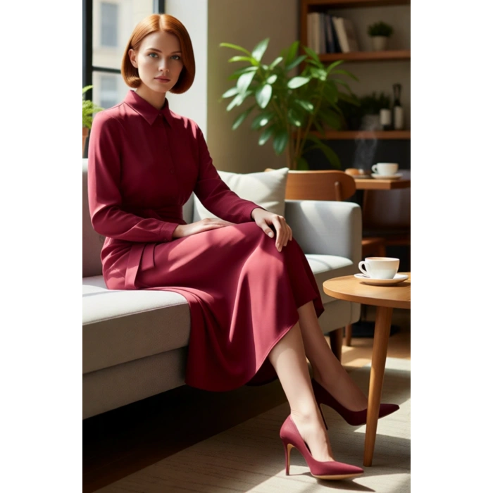 Zarif Kadın Midi Kuşaklı Gömlek Elbise Düz Bordo Viskoz Kumaşı İle Günlük Stilin Tamamlayıcısı