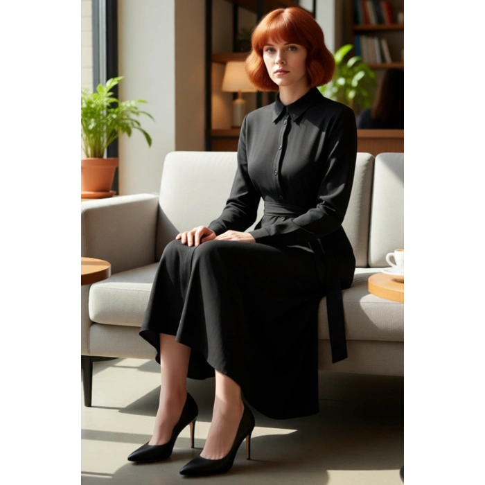 Zarif Kadın Midi Kuşaklı Gömlek Elbise Düz Bordo Viskoz Kumaşı İle Günlük Stilin Tamamlayıcısı