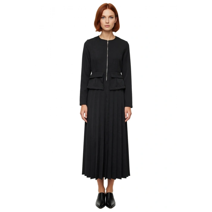 Zarif Kadın Siyah Düz Desenli Uzun Kollu Maxi Elbise Bisiklet Yaka İş Ve Özel Davetler İçin