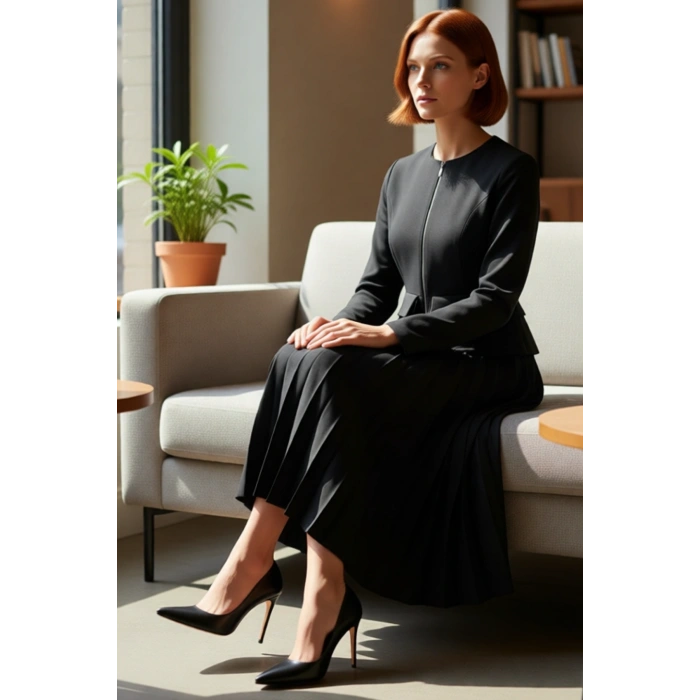 Zarif Kadın Siyah Düz Desenli Uzun Kollu Maxi Elbise Bisiklet Yaka İş Ve Özel Davetler İçin