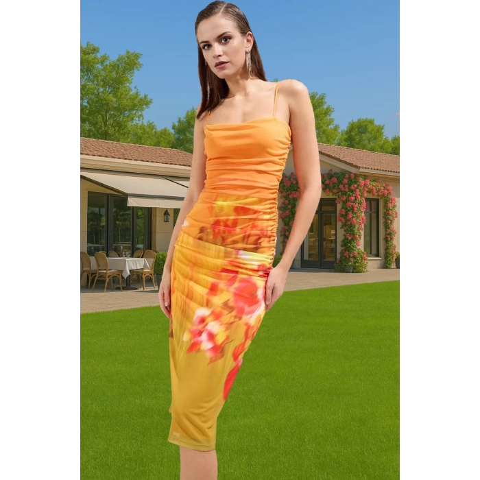 Zarif Kare Yaka Kolsuz Bodycon Abiye Elbise Polyester Midi Boy Premium Kalite Özenle Seçilmiş