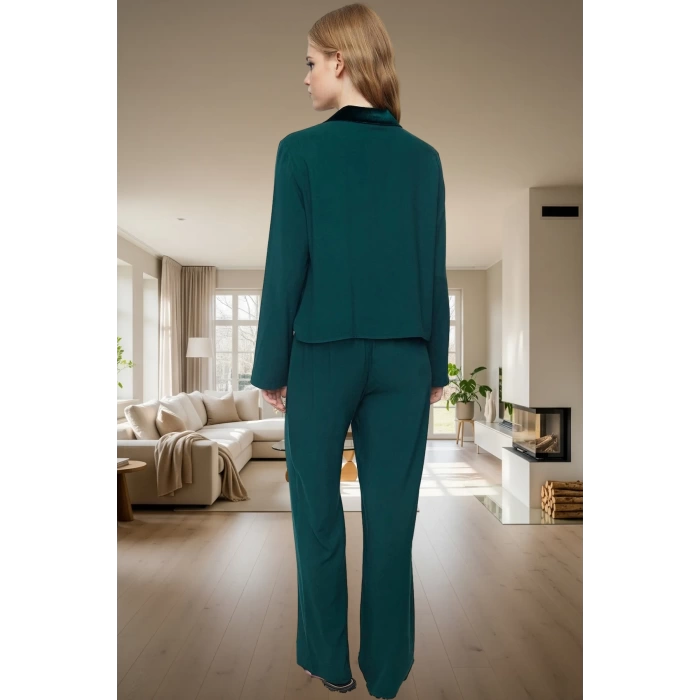Zümrüt Kadife Detaylı Viskoz Pijama Takımı Kışlık Rahat Homewear Premium Kalite