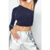 Kadın Moda Şık Üst Giyim Crop Asimetrik Yaka Fitted Kalıp Örme Parıltılı Simli Büstiyer