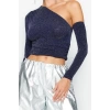Kadın Moda Şık Üst Giyim Crop Asimetrik Yaka Fitted Kalıp Örme Parıltılı Simli Büstiyer