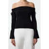 Womens Fashion Stylish Regular Carmen Collar Spanish Sleeve Regular Pattern Knitted Tie Detail Stylish Blouse