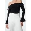 Womens Fashion Stylish Regular Carmen Collar Spanish Sleeve Regular Pattern Knitted Tie Detail Stylish Blouse