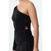 Kadın Moda Şık Regular Asimetrik Yaka Tek Kol Fitted Kalıp Örme Cut-Out Pencere Detaylı Bluz