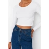 Kadın Crop Slim Kalıp Antrasit-Mint 2li Paket Fitted Vücuda Oturan Geniş Yaka Fitilli Esnek Bluz