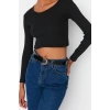 Kadın Crop Slim Kalıp Antrasit-Mint 2li Paket Fitted Vücuda Oturan Geniş Yaka Fitilli Esnek Bluz
