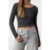 Kadın Crop Slim Kalıp Antrasit-Mint 2li Paket Fitted Vücuda Oturan Geniş Yaka Fitilli Esnek Bluz