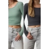 Kadın Crop Slim Kalıp Antrasit-Mint 2li Paket Fitted Vücuda Oturan Geniş Yaka Fitilli Esnek Bluz
