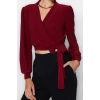 Women Fashion Stylish Tops Crop V Neck Balloon Sleeve Regular Pattern Knitted Double Breasted Closed Flexible Blouse